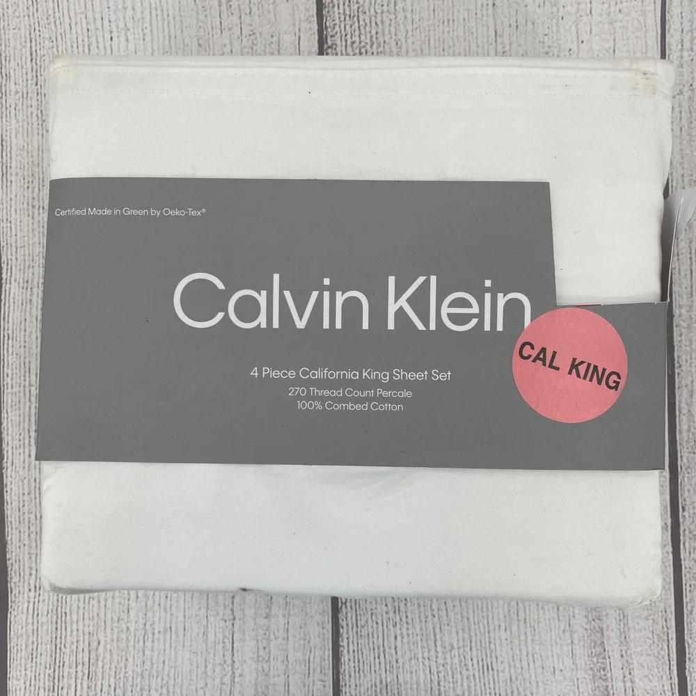 Calvin Klein Sheet Set California King White 270TC Percale 100% Combed Cotton